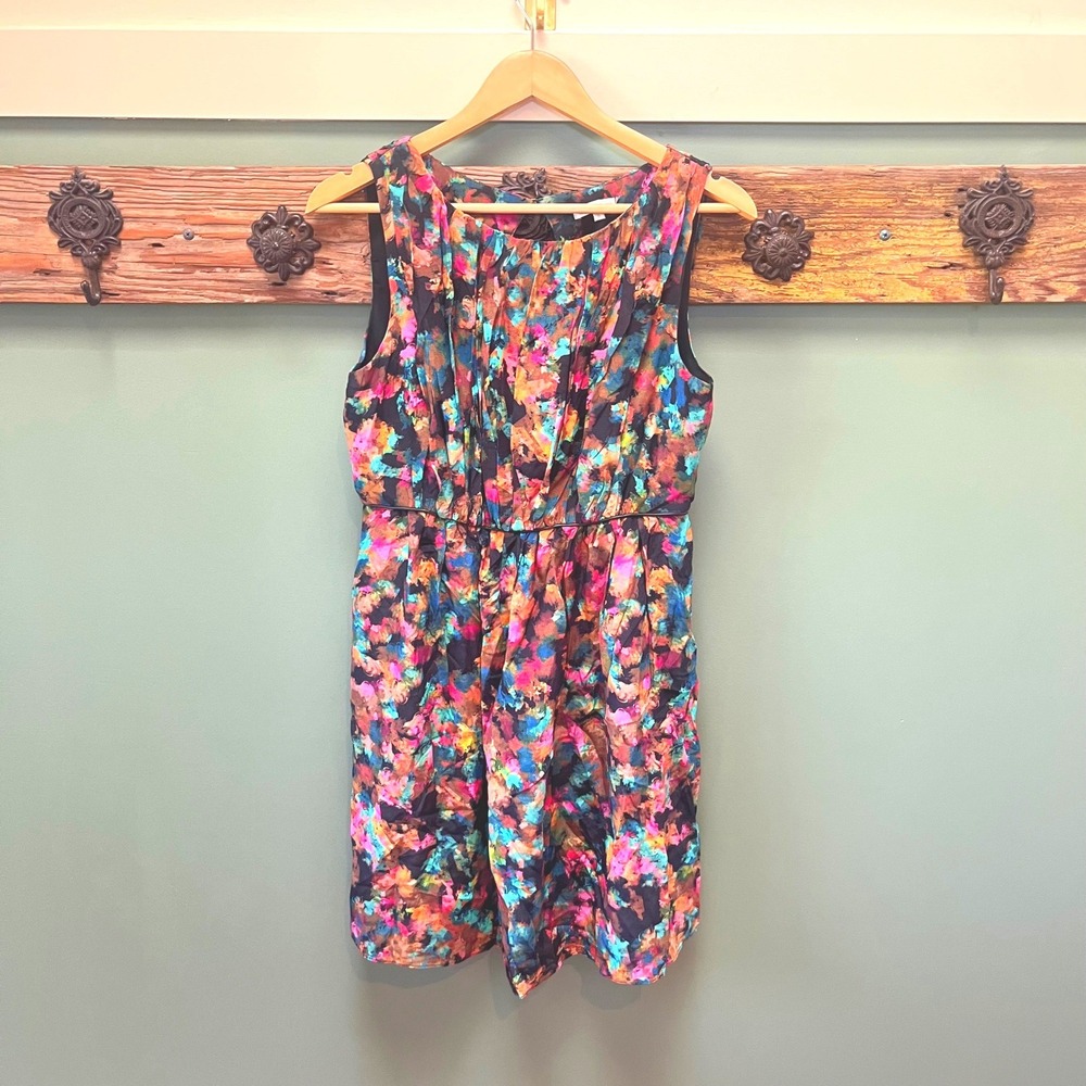 Shoshanna Women Abstract Watercolor Pleated Silk Mini Dress Multicolor Size 6